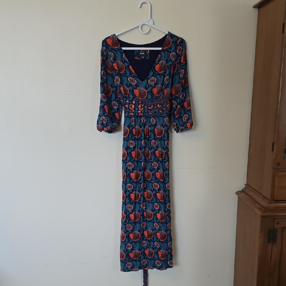 Maeve Navy and Coral Long Sleeve Maxi Dress.